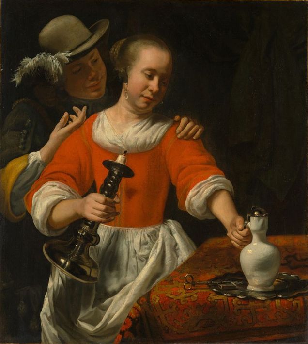 One of this pair is more interested in housework than a relationship--can you tell which one? Cornelis Bisschop - 'A Young Woman and a Cavalier' c1660 {{PD}} 